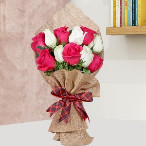 Red & White Roses With Jute Peking